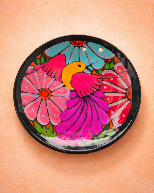 Hand-Painted Mexican Bird Clay Plate – Small 14 cm (Surprise)