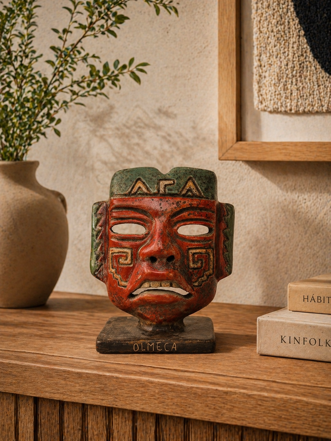 Olmec Style Clay Head – Handmade Mexican Pre-Hispanic Sculpture 16 cm