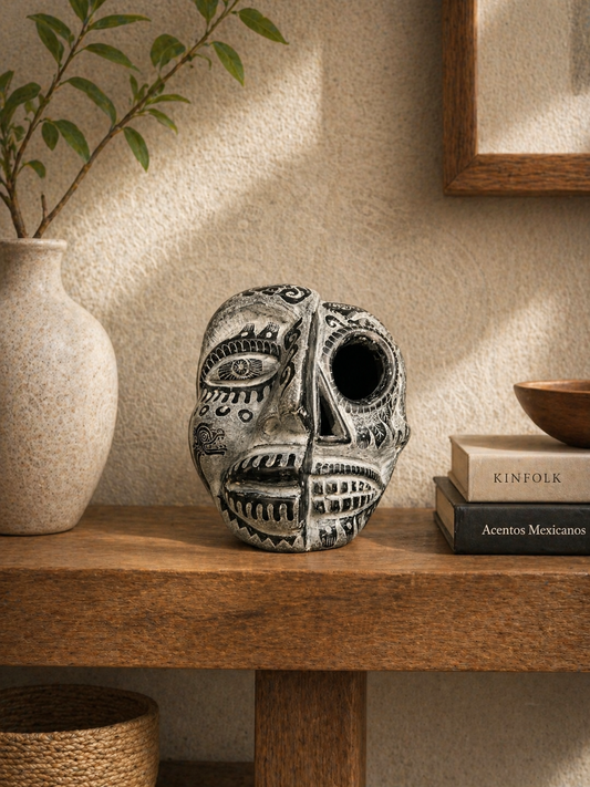 Pre-Hispanic Clay Skull – Handmade Mexican Cultural Sculpture 14 cm
