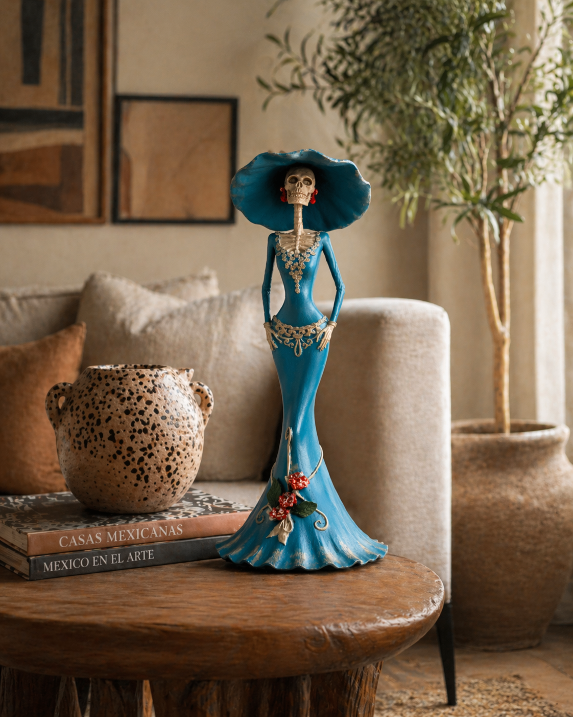 Blue Gold Catrina 43 cm – Mexican Hand Painted Sculpture