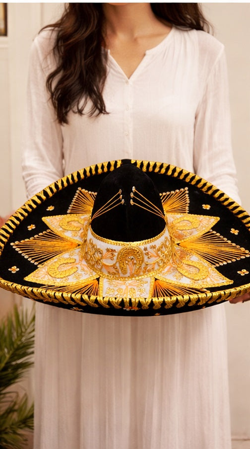 Mexican Charro Sombrero Black Gold – Traditional Ranch Style Hat
