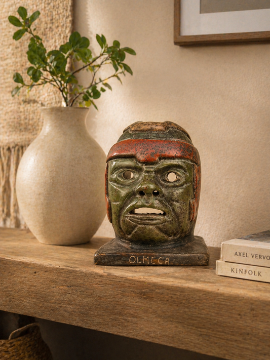 Olmec Head Clay Sculpture – Pre-Hispanic Mexican Artifact 15 cm
