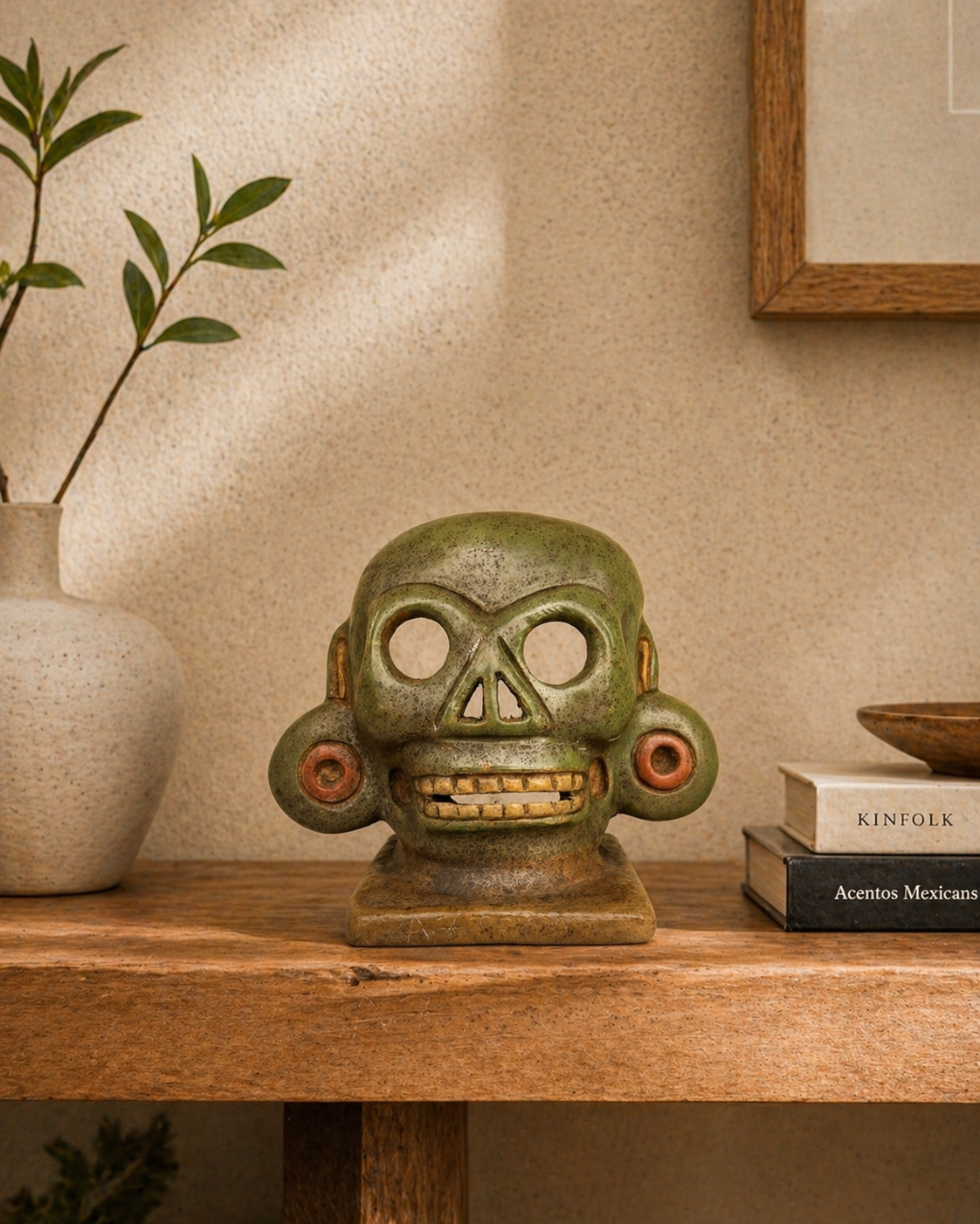 Pre-Hispanic Clay Green Mask – Handmade Mexican Decorative Artifact 18 cm