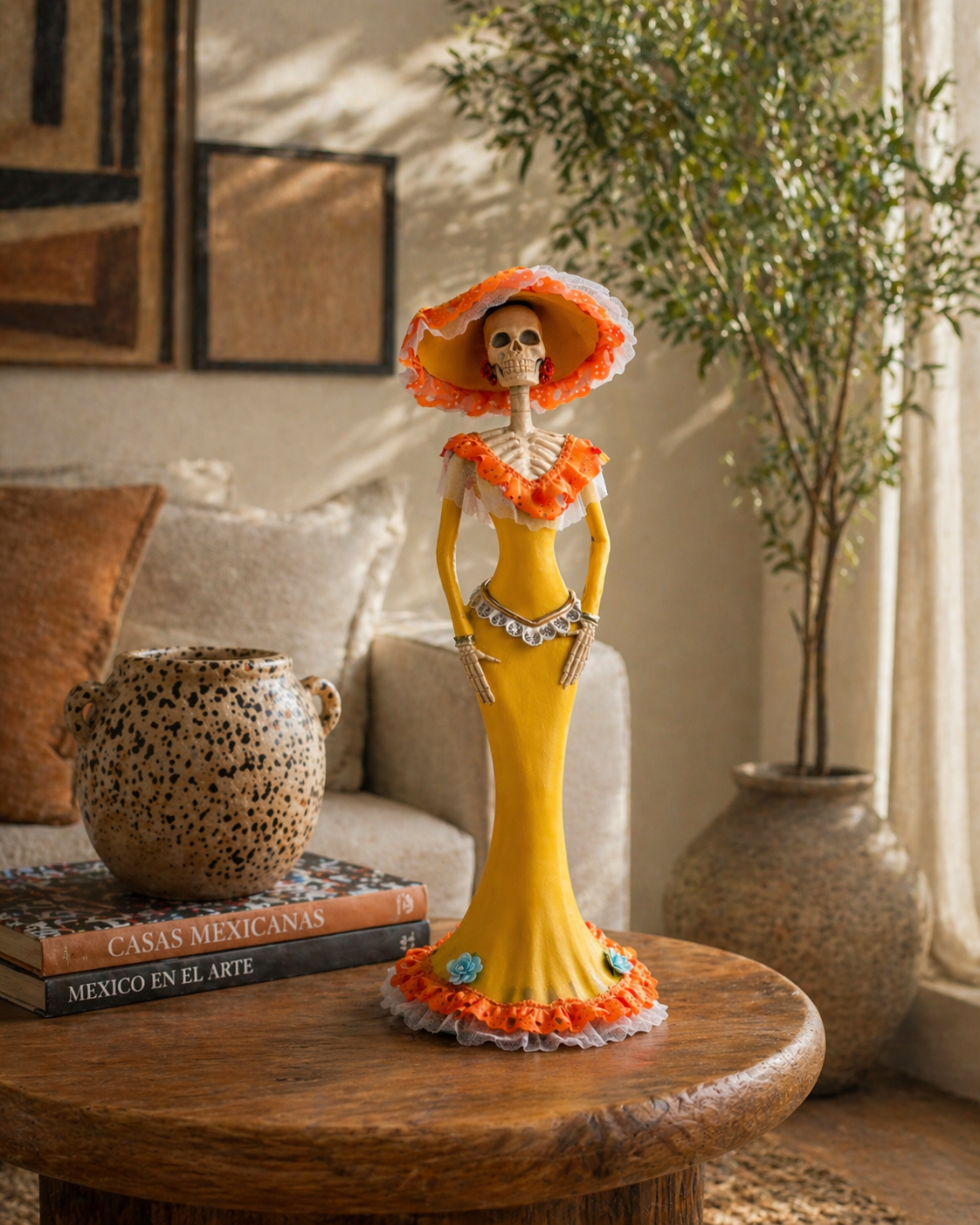 Yellow Orange Catrina 45 cm – Mexican Decorative Art
